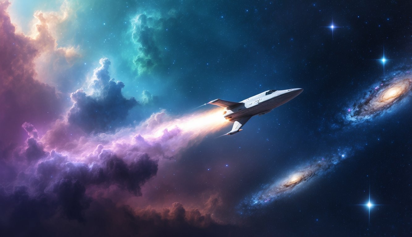 A lone spaceship soaring through a colorful nebula, surrounded by twinkling stars and uncharted galaxies, symbolizing the endless pursuit of discovery