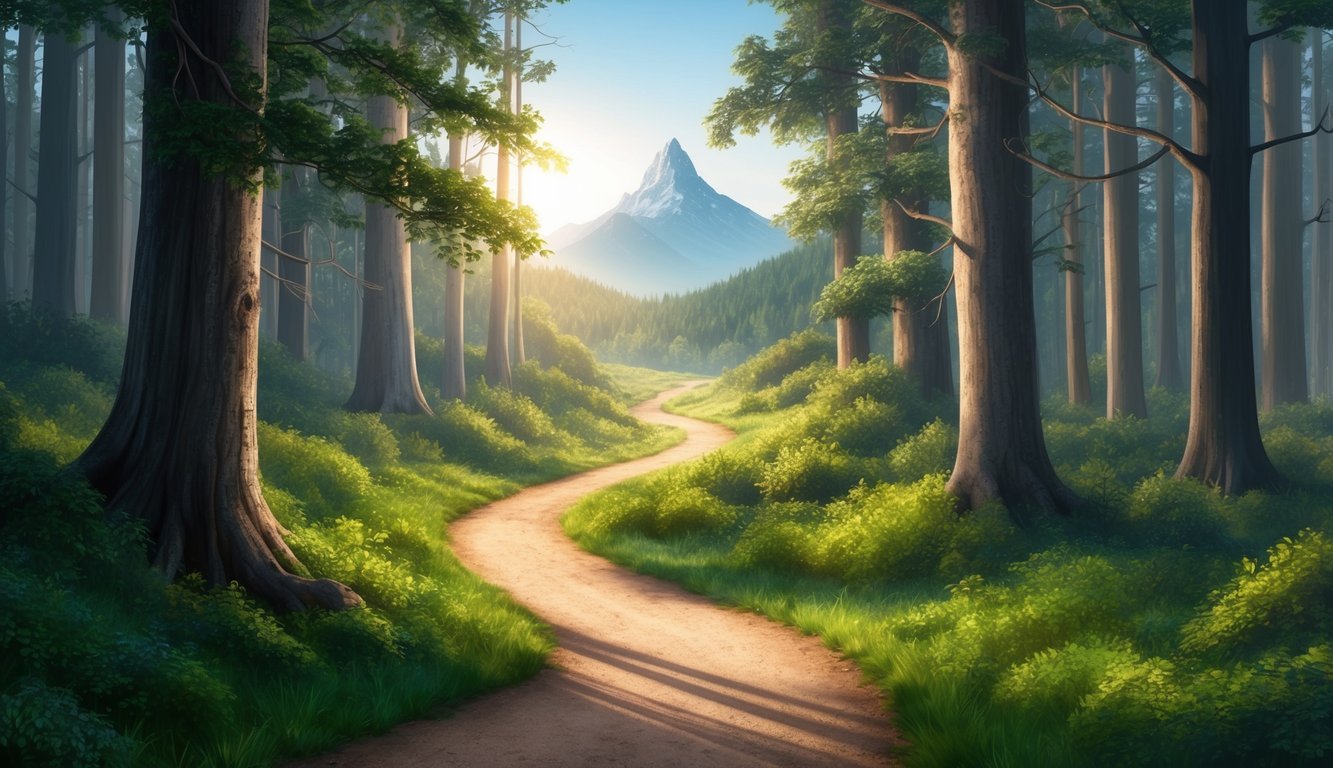 A winding path through a dense forest, with sunlight filtering through the trees and leading towards a distant mountain peak