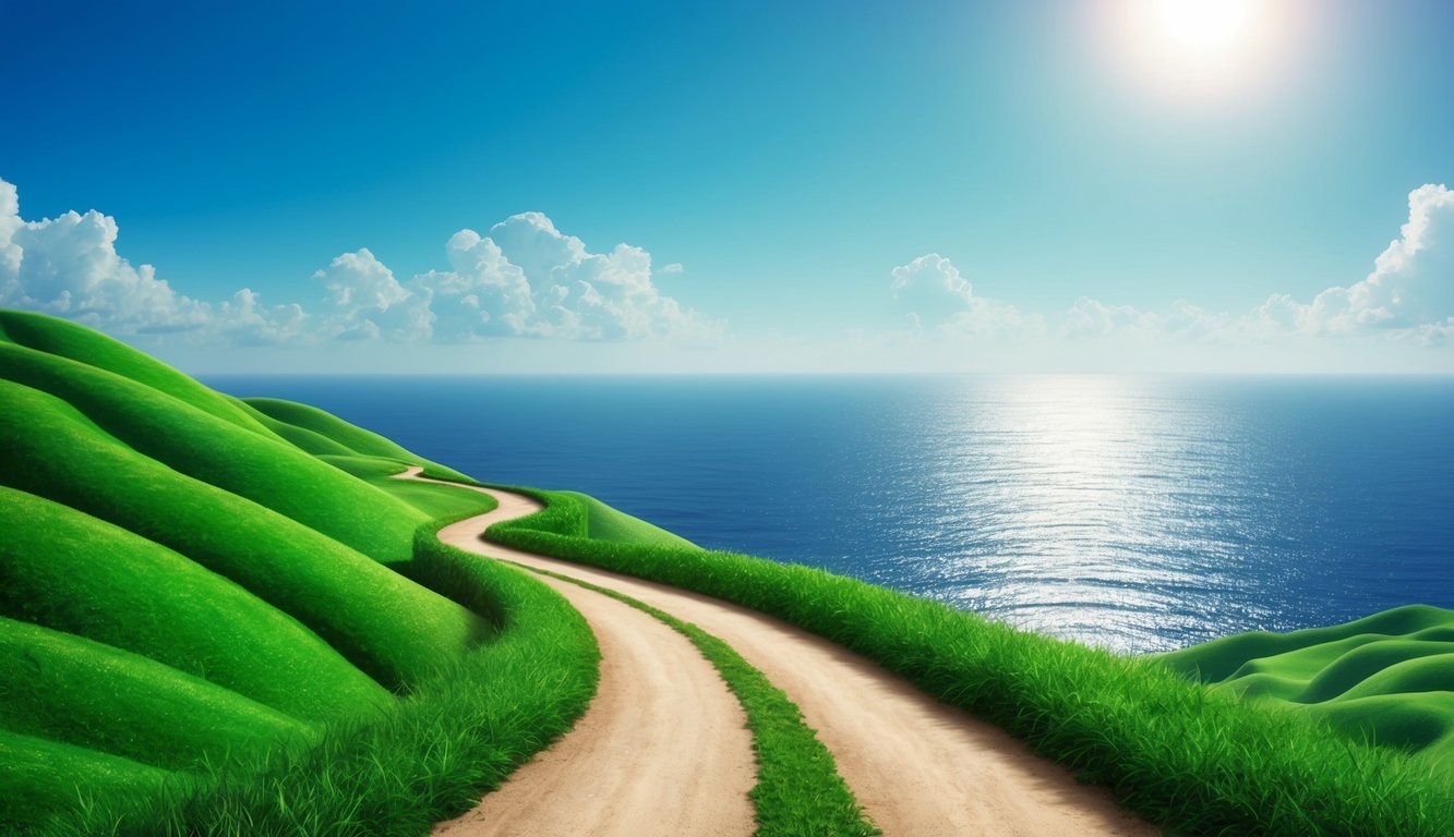 A winding path through lush green hills, leading to a vast expanse of sparkling ocean under a bright blue sky