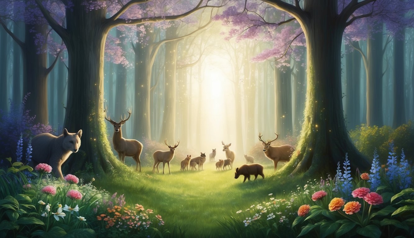 A serene forest glows with ethereal light, as flowers bloom and animals gather, illustrating the possibility of miracles in nature