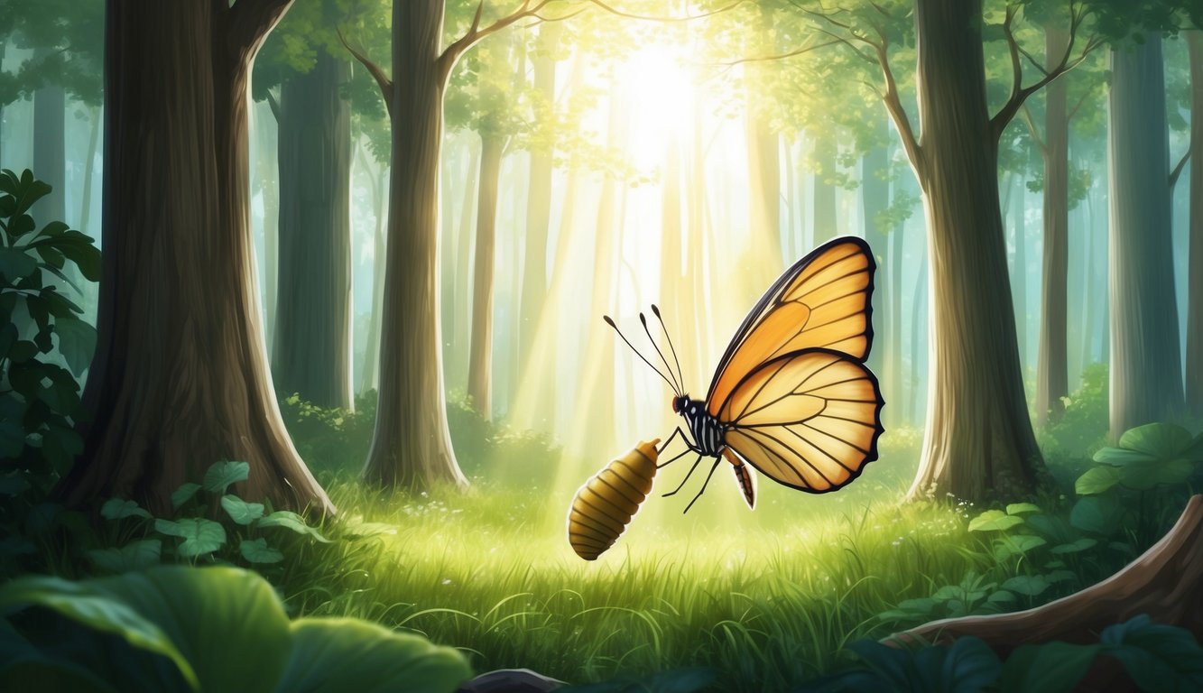 A serene forest with sunlight streaming through the trees, illuminating a delicate butterfly emerging from its chrysalis