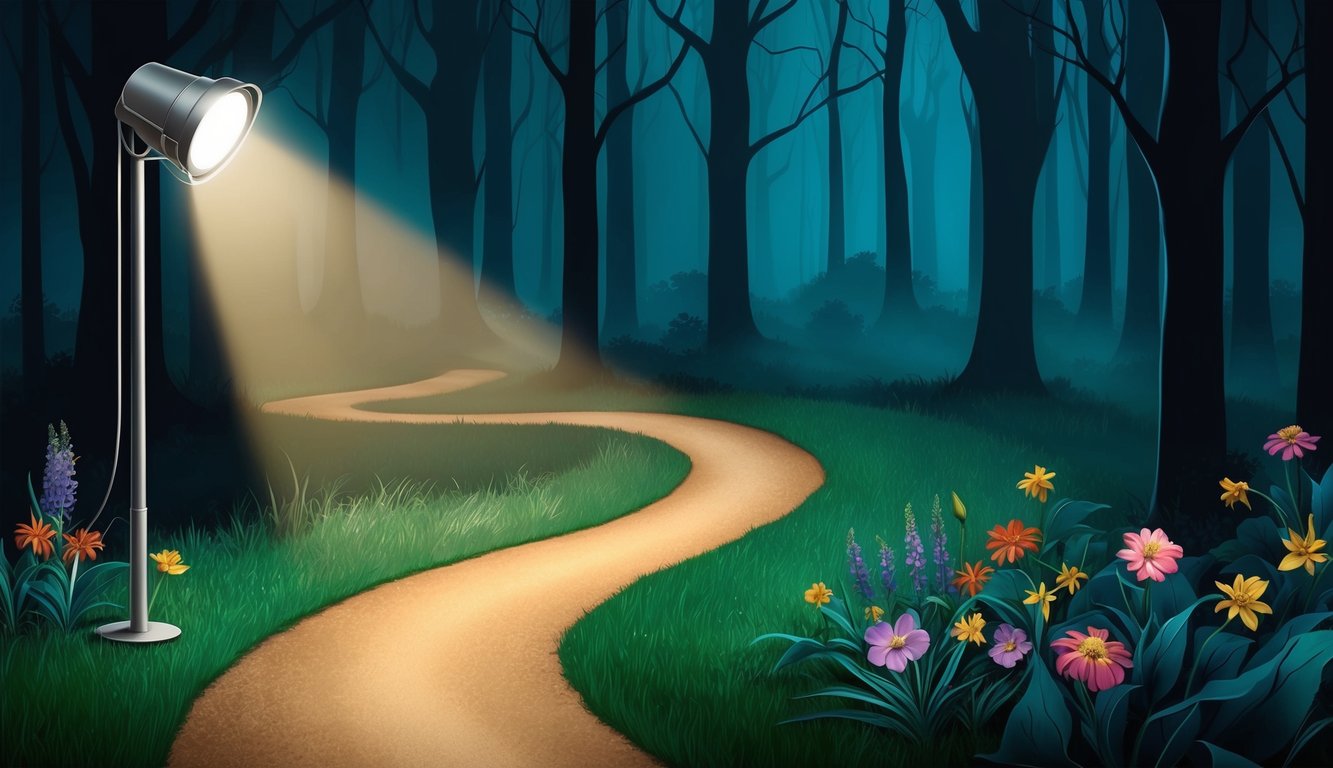 A lone spotlight illuminates a winding path leading into a mysterious, dark forest, where vibrant flowers bloom among the shadows