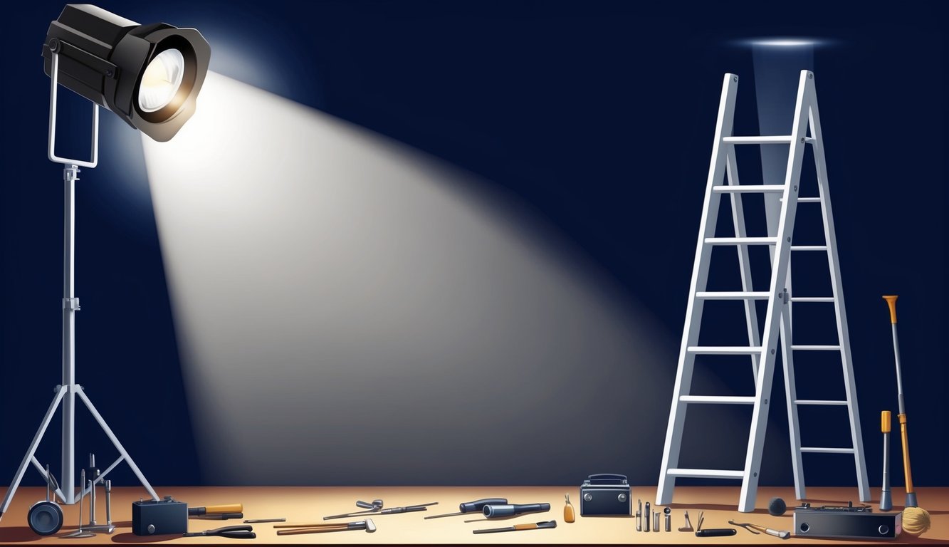 A spotlight shining on a stage with a ladder leading up to it, surrounded by various tools and instruments