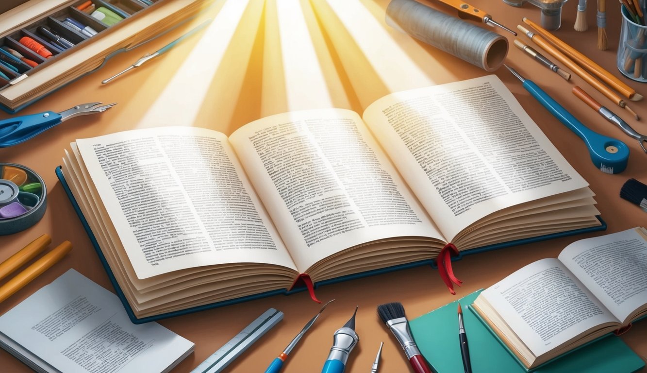 A collection of open books with rays of light shining on them, surrounded by various artistic tools and materials