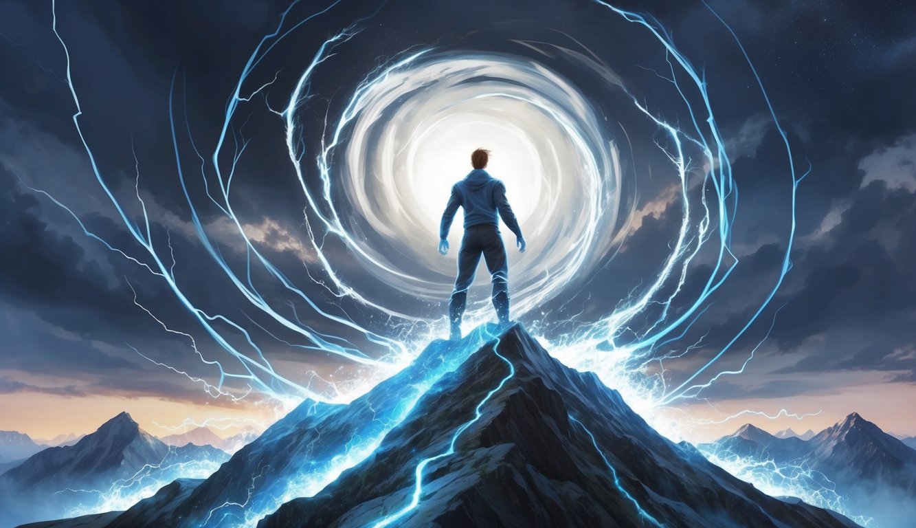 A lone figure stands atop a mountain peak, surrounded by swirling winds and crackling energy, their unique ability radiating from their being