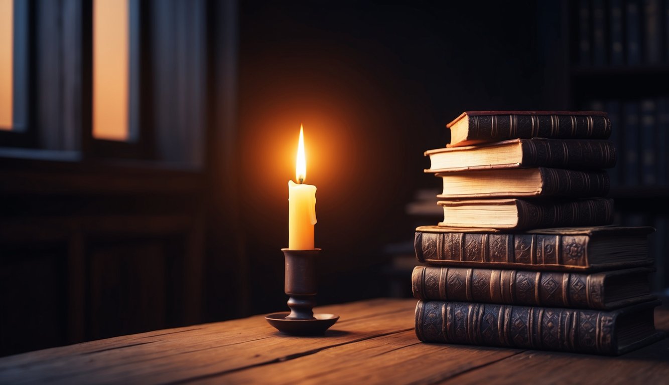 A solitary candle illuminates a dark room, casting a warm glow on a stack of ancient scrolls and books