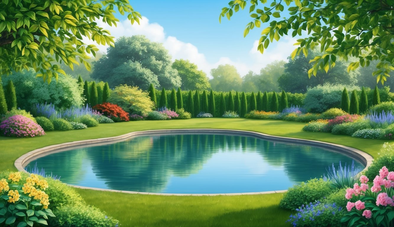 A serene garden with a tranquil pond, surrounded by lush greenery and colorful flowers, with a gentle breeze rustling the leaves