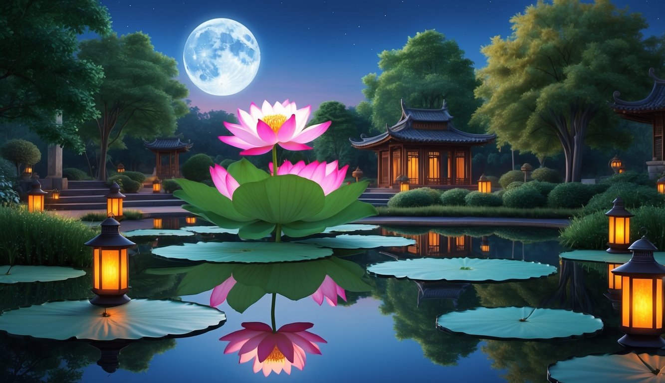 A serene garden with a blooming lotus flower, surrounded by glowing lanterns and a tranquil pond reflecting the moon