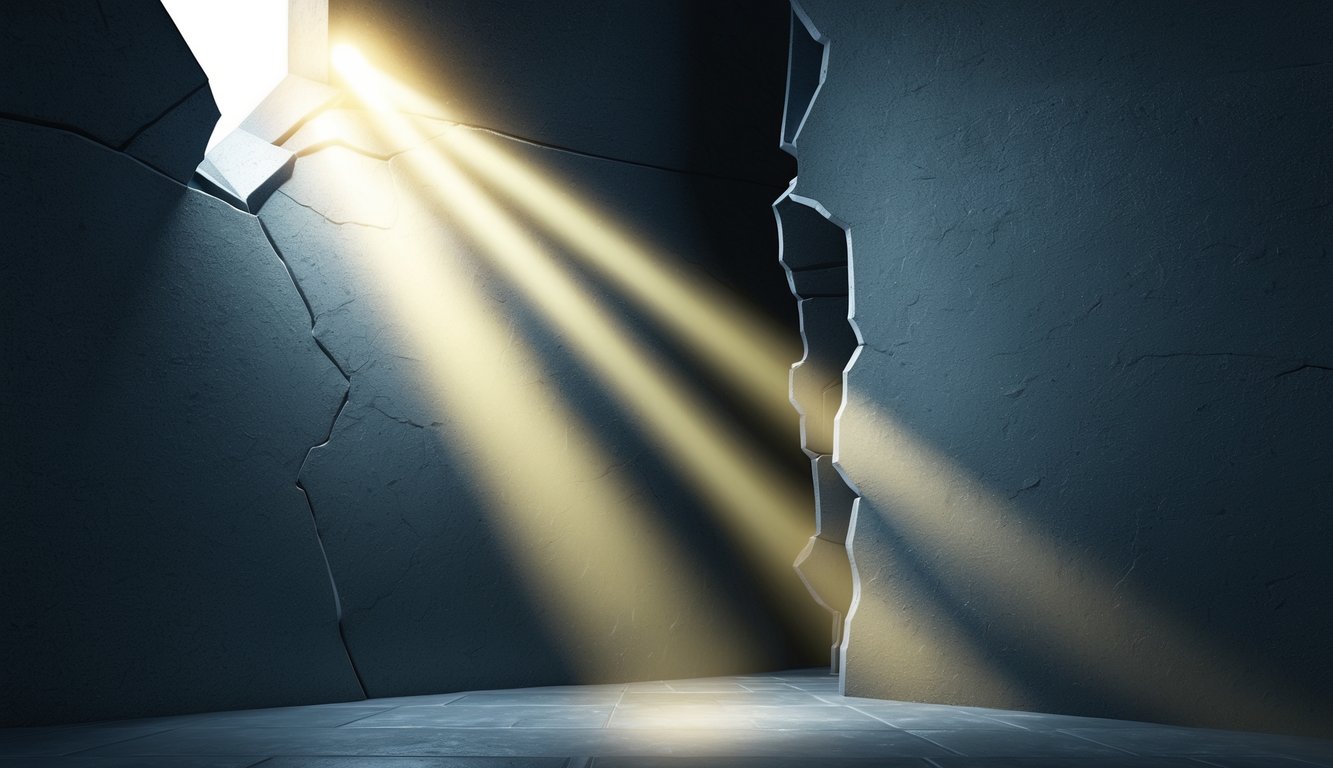 A beam of light shining through a crack in a dark wall, illuminating the surrounding area