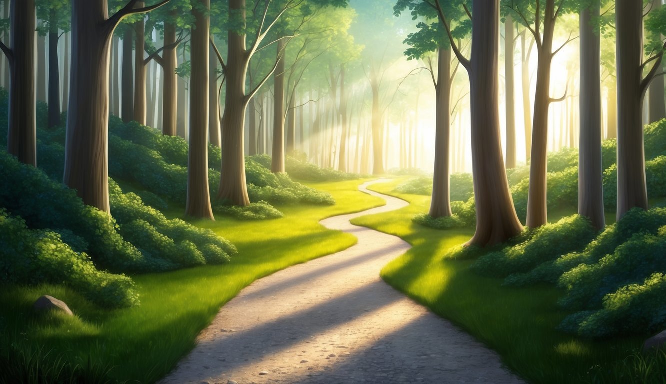 A winding path through a serene forest, with sunlight streaming through the trees, illuminating the way forward