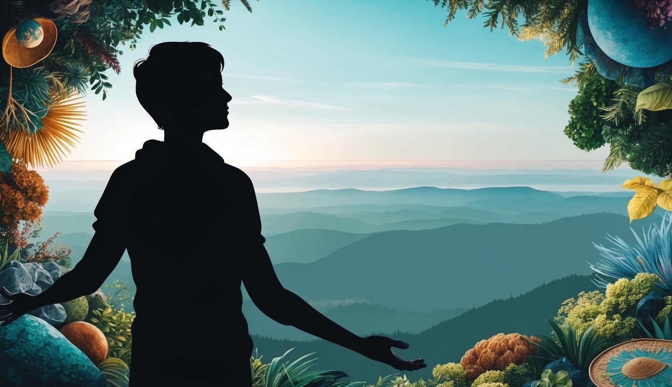 A person's silhouette looking out over a vast landscape, with a serene expression and open body language, surrounded by diverse natural elements