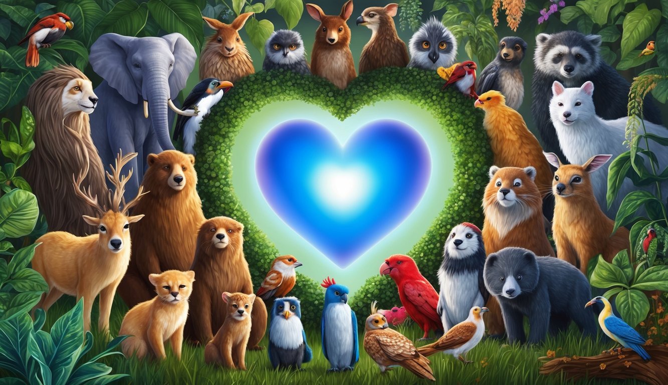 A diverse group of animals and plants surrounding a glowing heart, symbolizing empathy and understanding