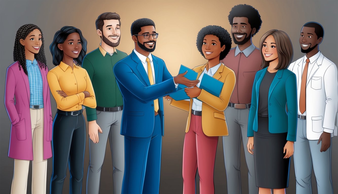 A group of diverse individuals standing together, with one figure offering support and guidance to the others