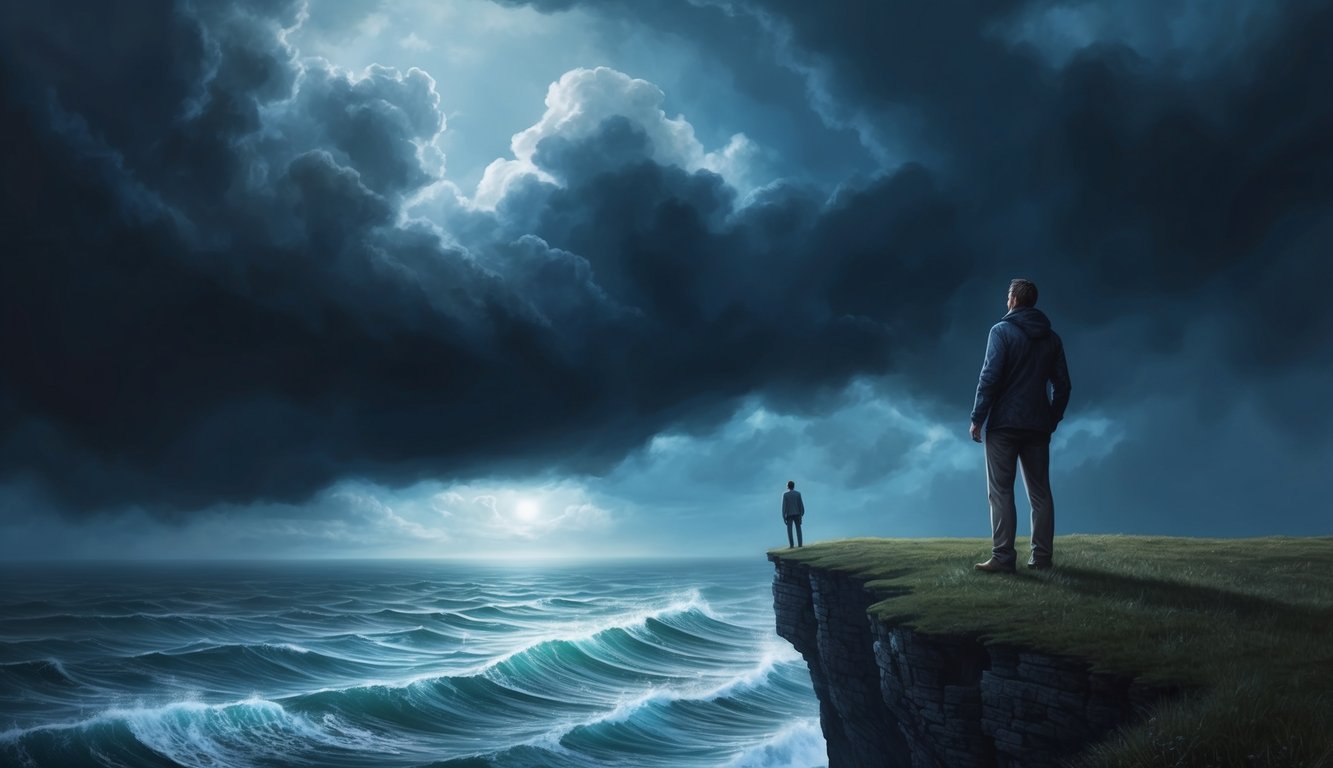 A lone figure stands on the edge of a cliff, gazing out at a stormy sea, with dark clouds swirling above