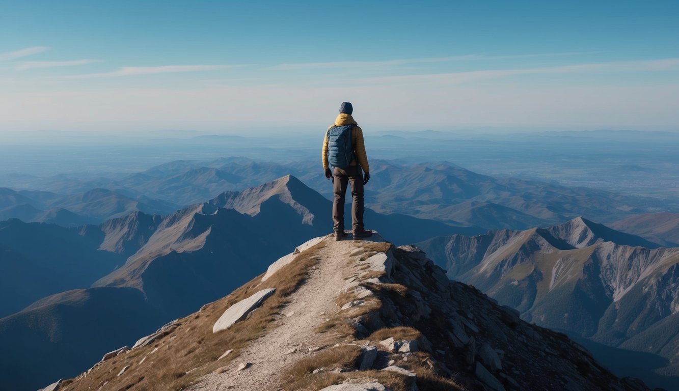 A lone figure stands atop a mountain peak, gazing out at the vast, challenging landscape below, with a determined expression on their face