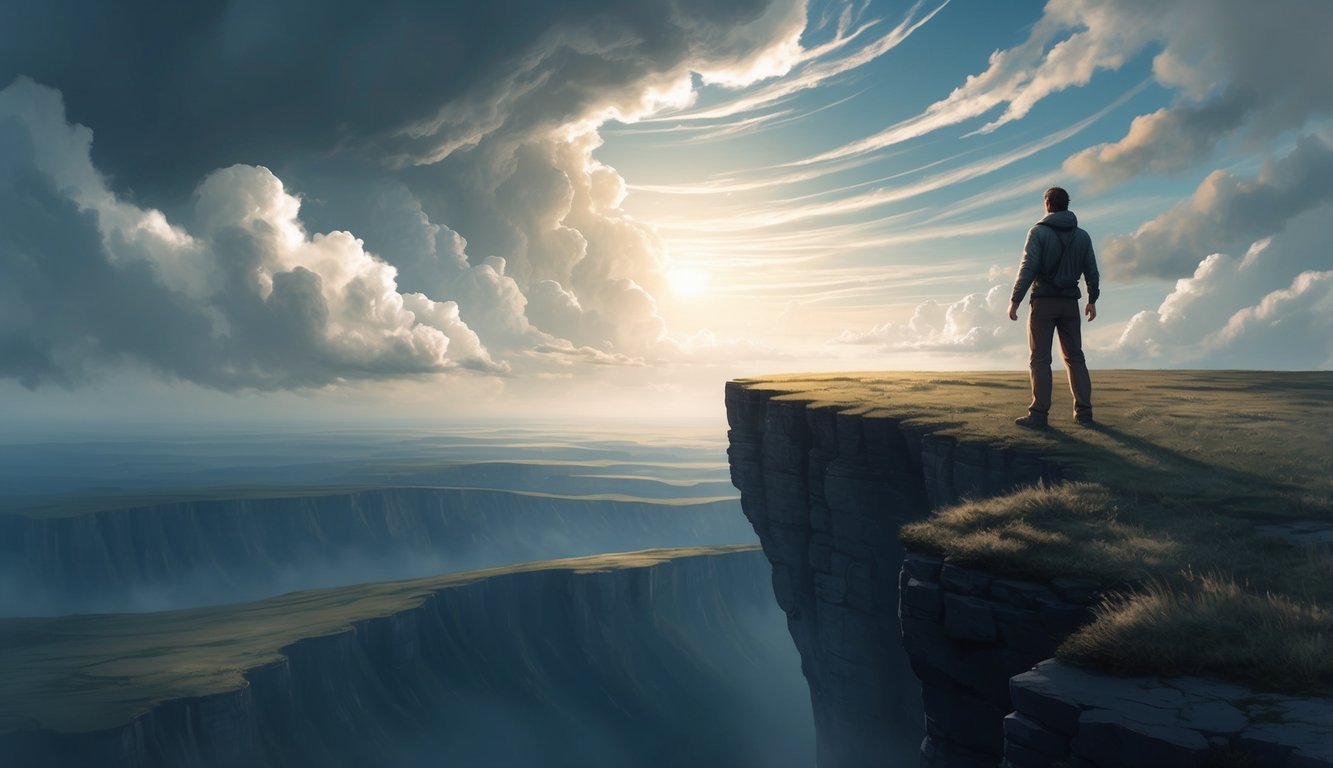 A lone figure standing at the edge of a cliff, looking out at a vast, daunting landscape below.</p><p>The sky is filled with swirling clouds, and the wind is blowing fiercely