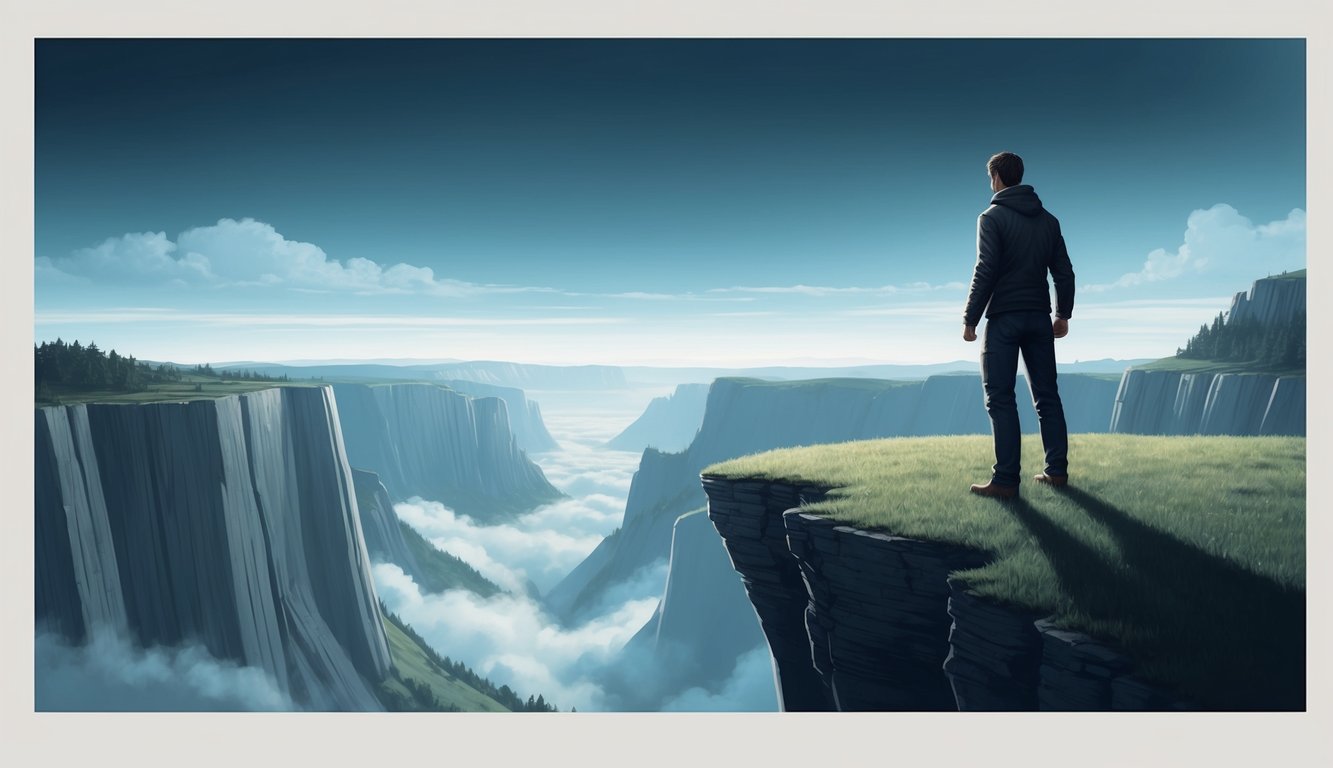 A lone figure standing at the edge of a cliff, gazing out at a vast, daunting landscape, with a determined look on their face