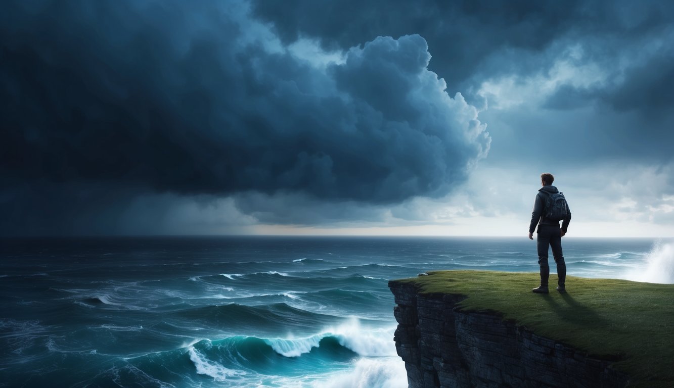 A lone figure standing on a cliff edge, looking out over a vast, stormy sea, with dark clouds overhead and waves crashing below