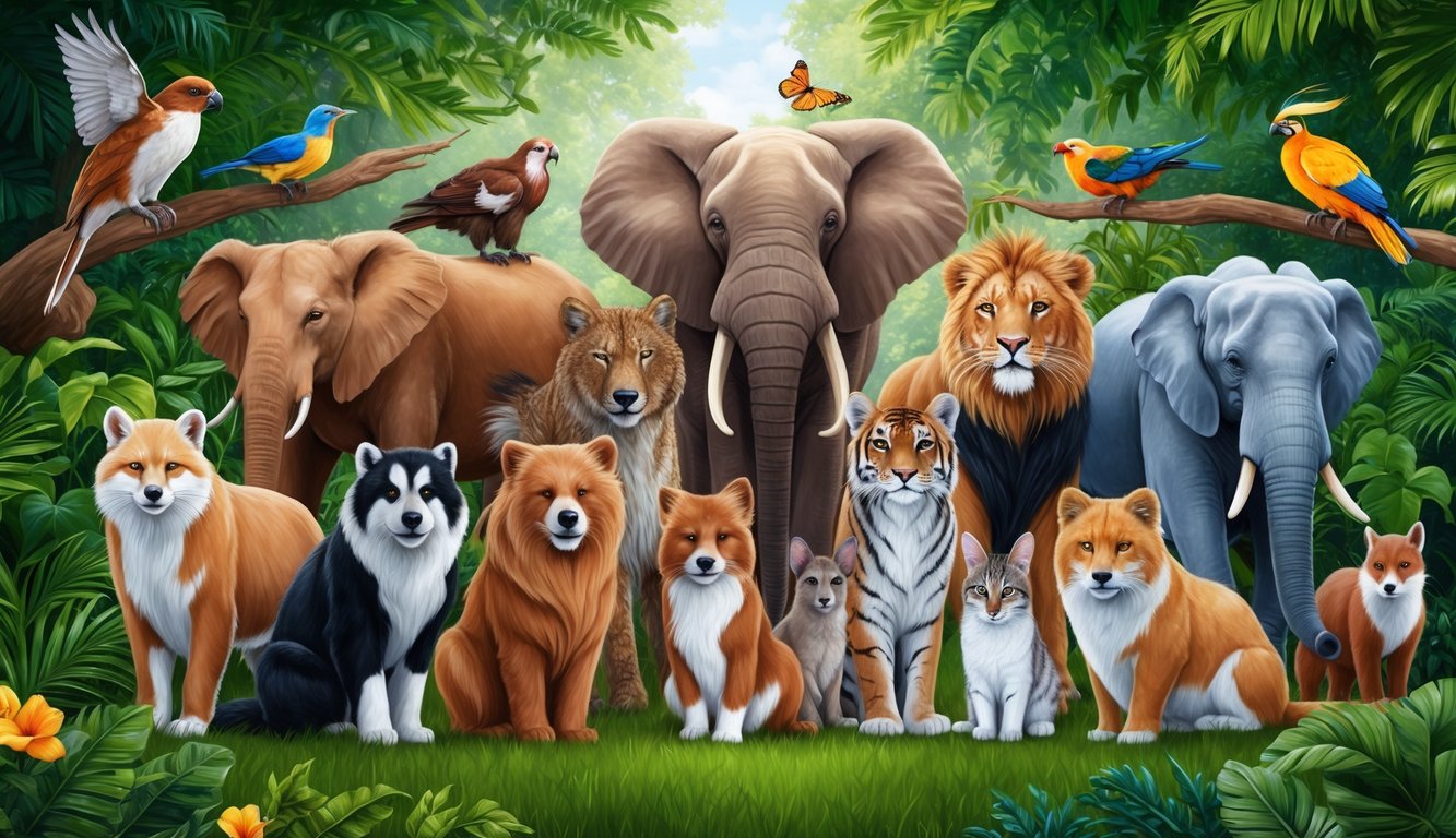 A diverse group of animals peacefully coexisting in a lush, harmonious environment