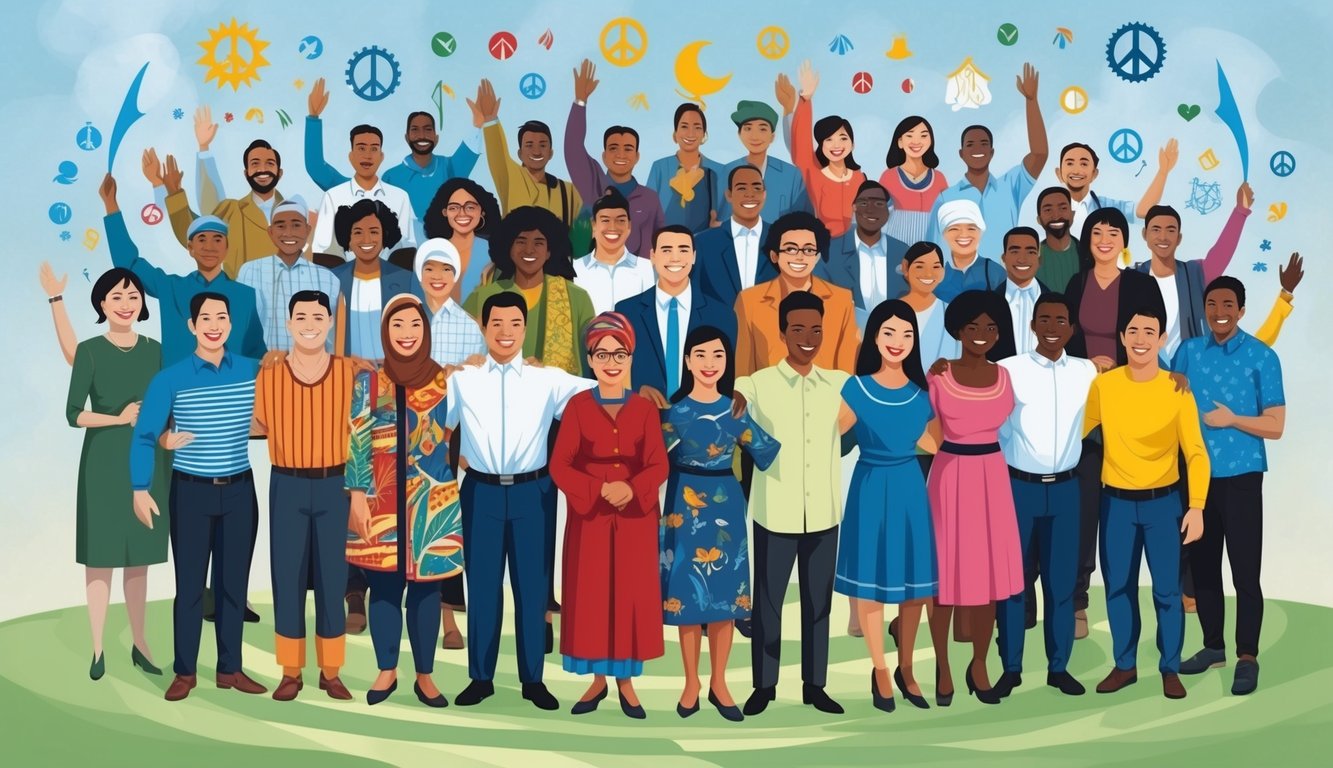 A diverse group of people from different cultures and backgrounds standing together in unity, surrounded by symbols of peace and understanding