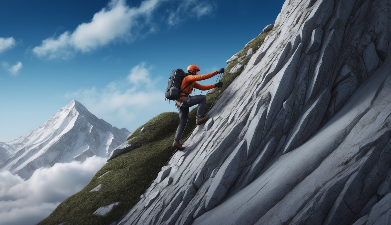 A lone figure climbing a steep mountain, determined and focused on reaching the summit