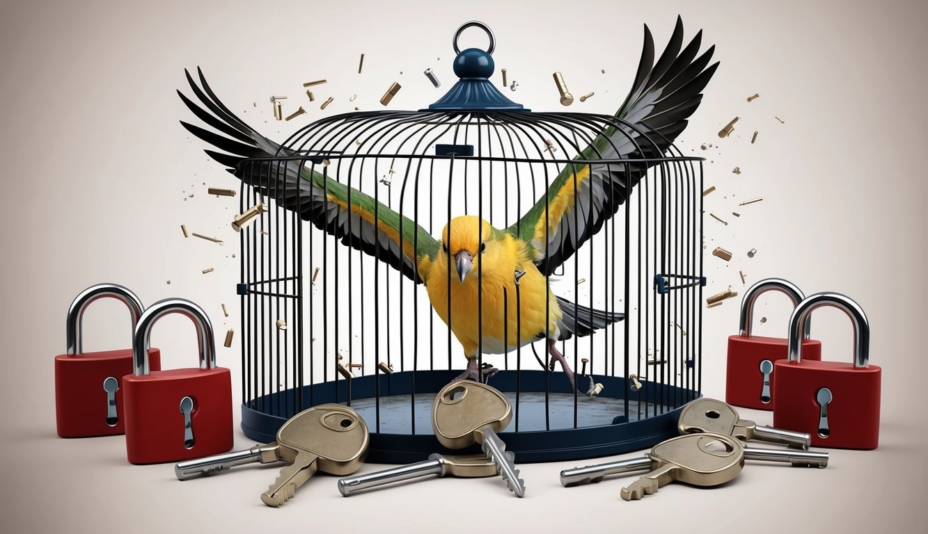 A bird breaking free from a cage, surrounded by keys and locks