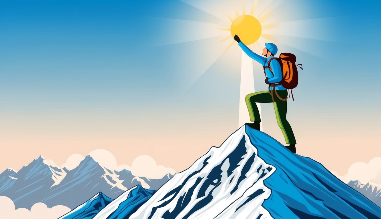 A mountain climber reaching the summit, with a clear sky and the sun shining brightly, symbolizing the achievement of success through effort and determination