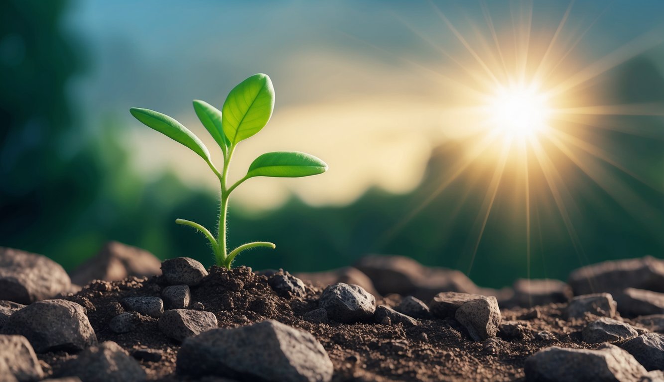 A lone seedling pushing through rocky soil towards the sunlight, symbolizing perseverance and eventual success