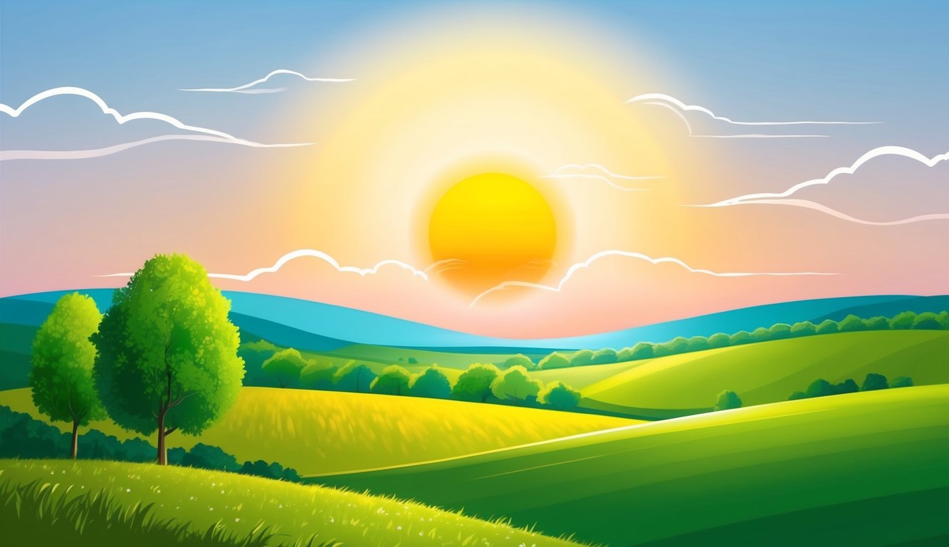 A bright sunrise over a peaceful countryside, with a clear sky and vibrant colors, symbolizing hope and prosperity