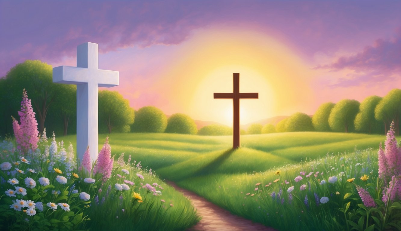 A serene landscape with a glowing sunrise, a cross standing tall, and a peaceful meadow surrounded by blooming flowers