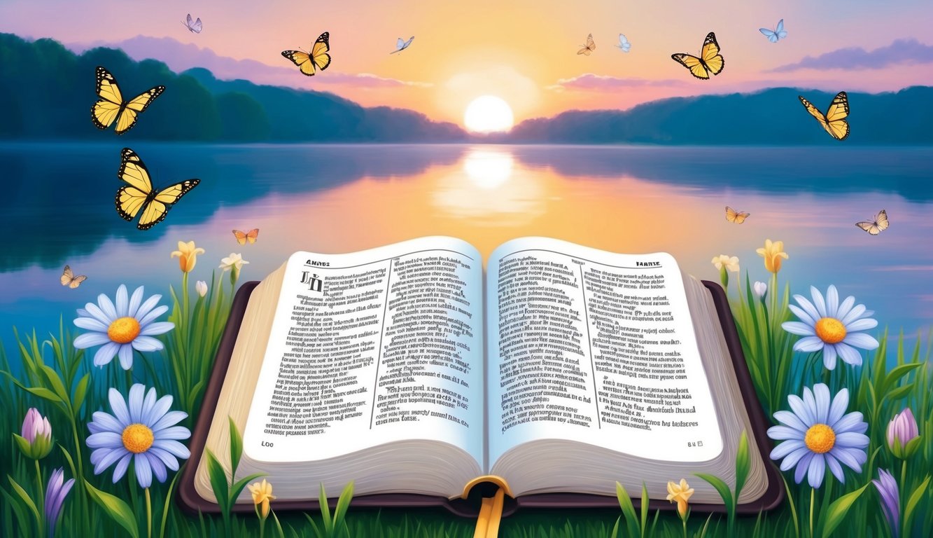 A serene sunrise over a calm lake, with a Bible open to a page of inspirational Christian quotes, surrounded by blooming flowers and fluttering butterflies