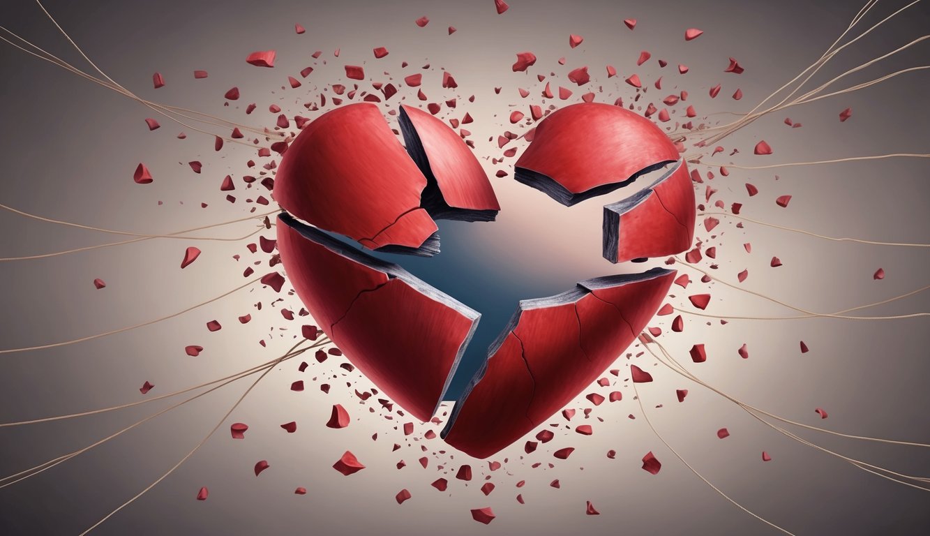 A shattered heart surrounded by tiny fragments, held together by delicate threads of love