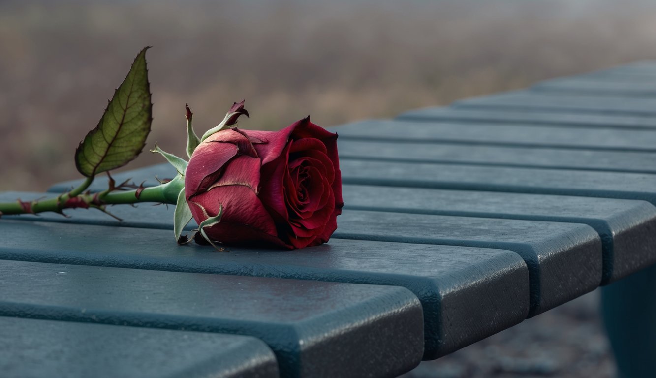 A wilted rose lying on a cold, empty bench