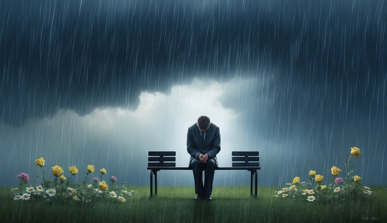 A solitary figure sits on a bench, head bowed, surrounded by wilting flowers and a heavy rain falling from a dark, stormy sky