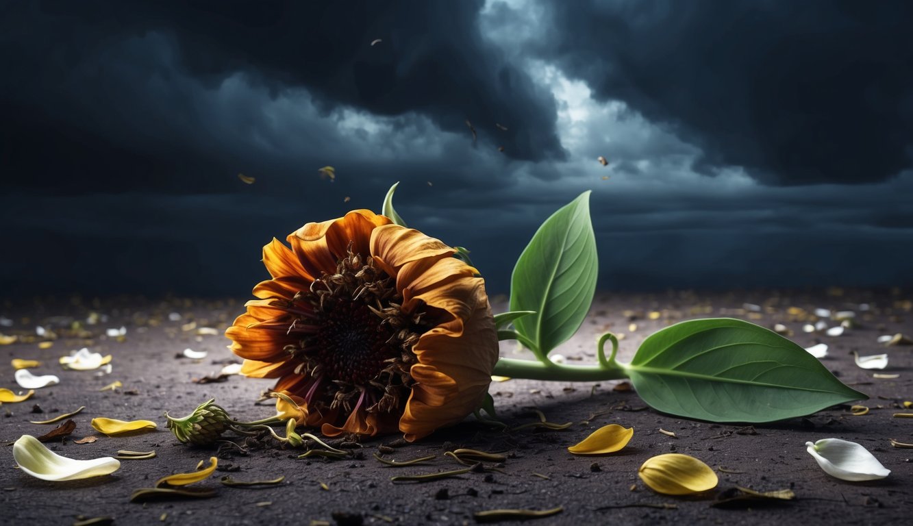 A wilted flower lying on the ground, surrounded by fallen petals and a dark, stormy sky overhead