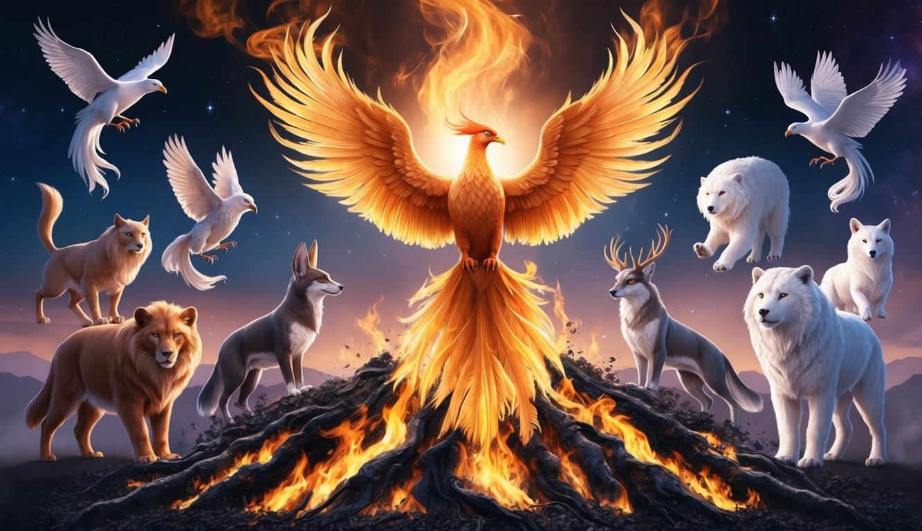 A majestic phoenix emerges from smoldering ashes, surrounded by 10 spirit animals in a cosmic dance of rebirth and transformation