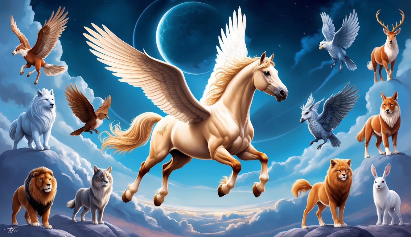 A majestic Pegasus soars through the sky, surrounded by 11 spirit animals representing the elements of nature