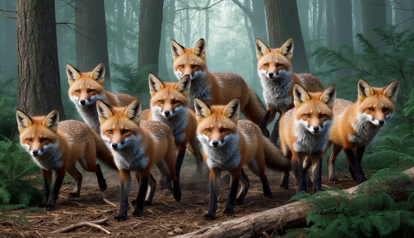 Eleven foxes weaving through a dense forest, each displaying a unique trait of adaptability