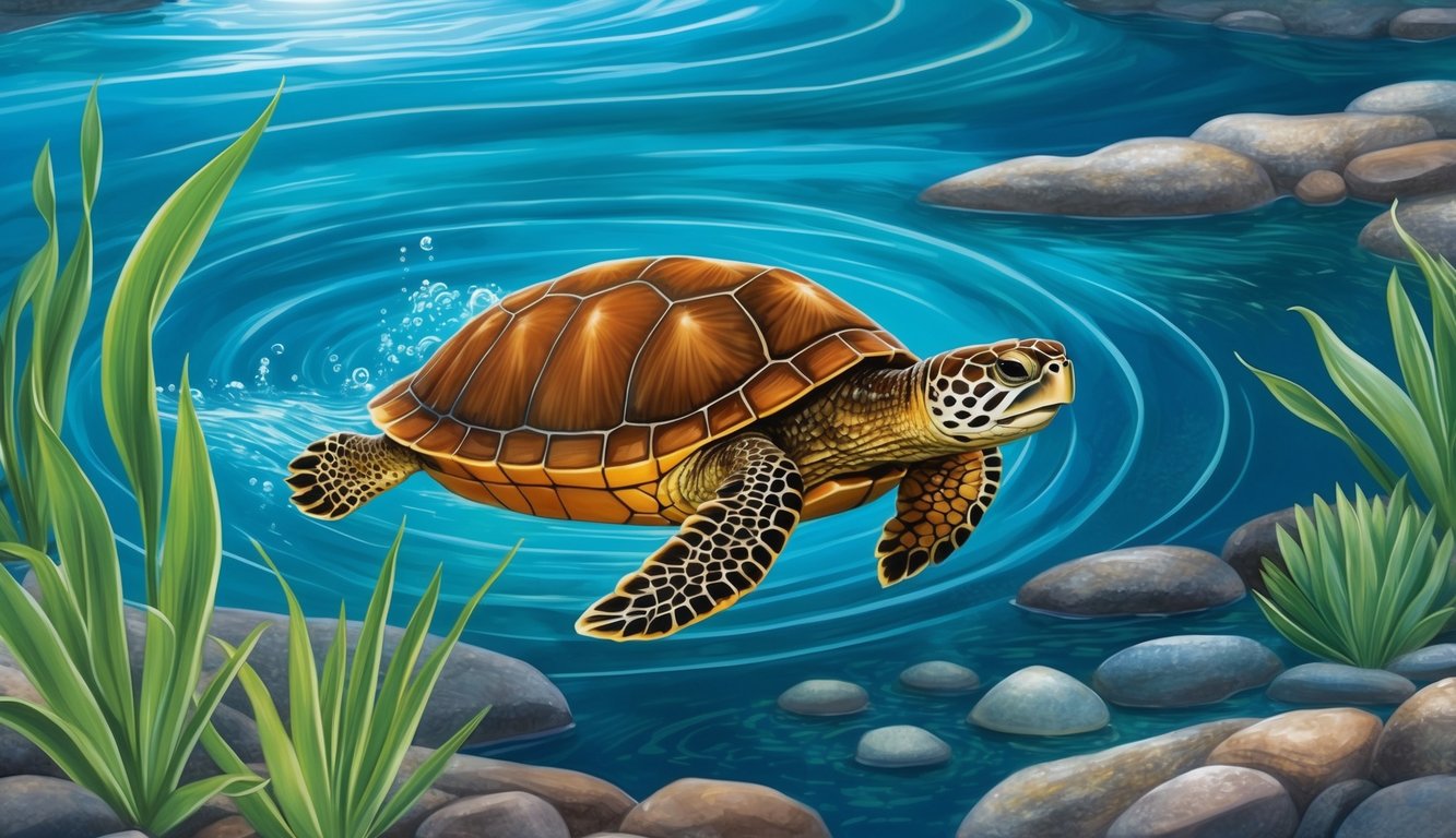 A turtle swimming gracefully through a clear, flowing stream, surrounded by gentle ripples and aquatic plants