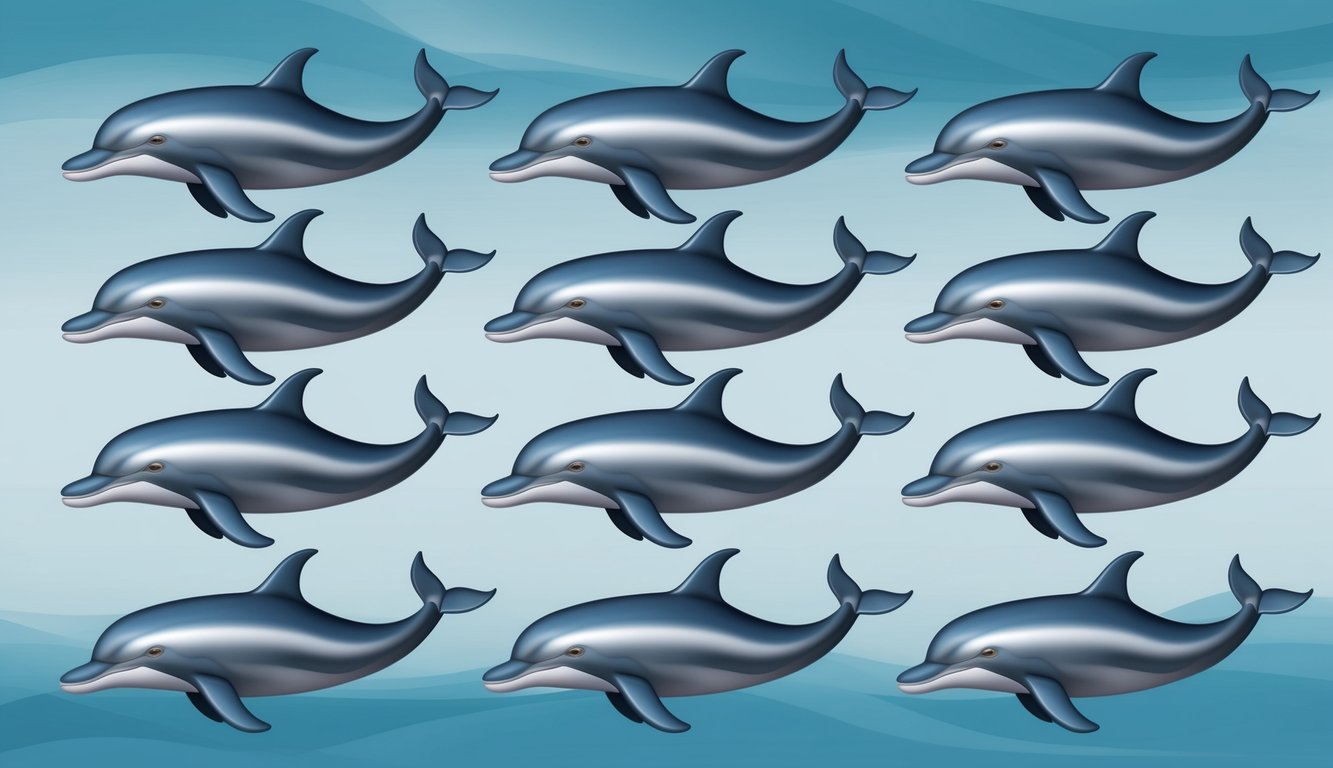 Eleven dolphins gracefully swimming in a synchronized formation, symbolizing adaptability in their fluid movements