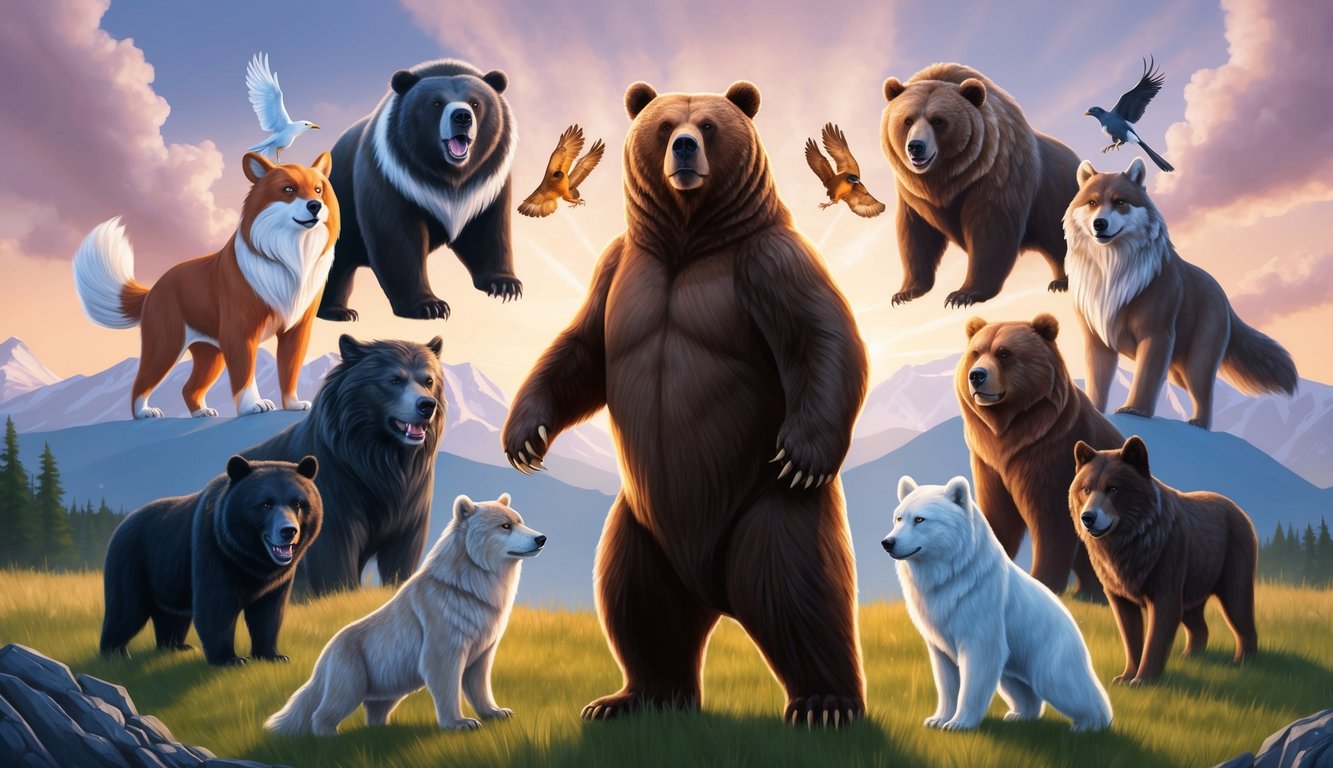 A bear standing tall, exuding strength and confidence, surrounded by a circle of 10 spirit animals representing their powerful and unique meanings