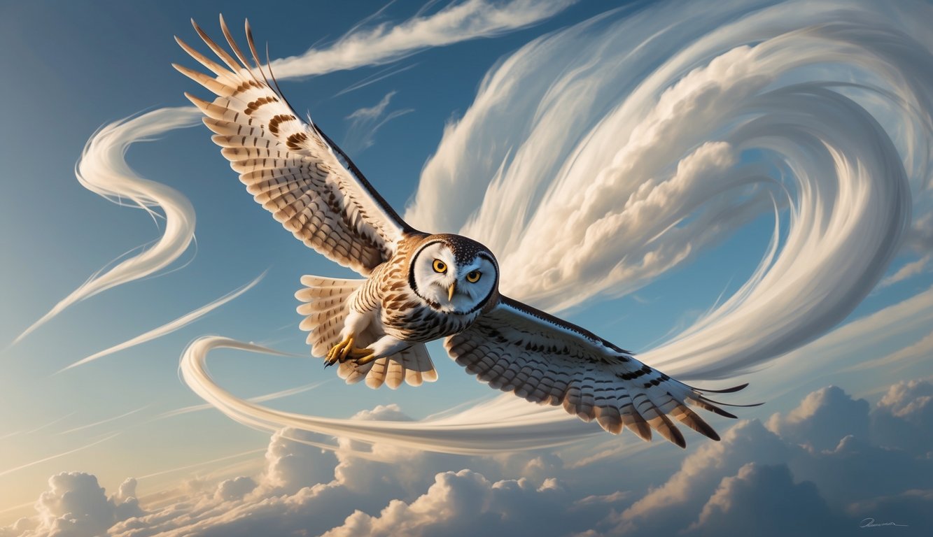 An owl soaring through the sky, surrounded by swirling gusts of wind and wispy clouds, with a sense of freedom and power