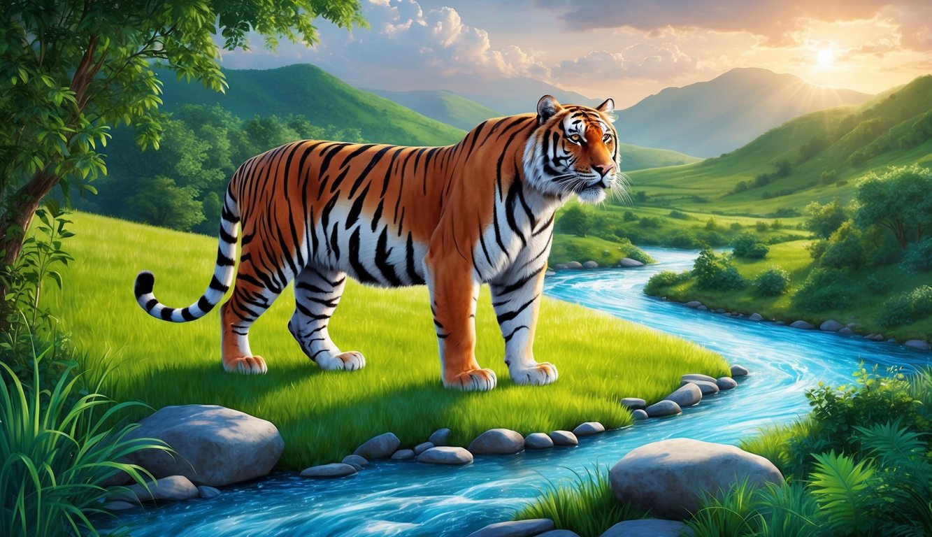 A majestic tiger stands on a grassy hill, surrounded by lush greenery and a flowing river, embodying the spirit of Earth