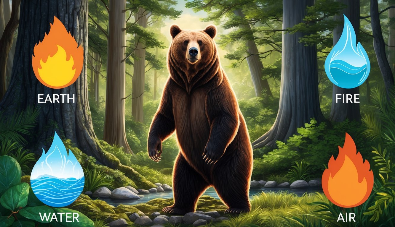 A bear standing in a lush forest, surrounded by earth, water, fire, and air elements