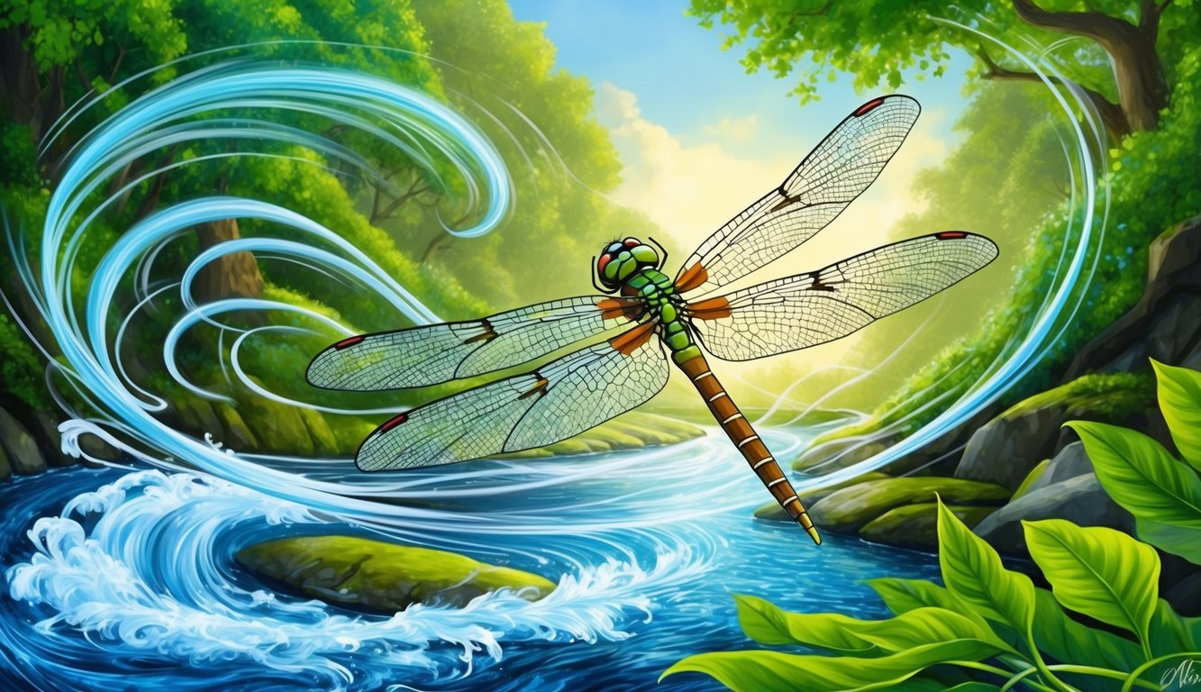 A dragonfly hovers above a flowing stream, surrounded by swirling air currents and vibrant green foliage