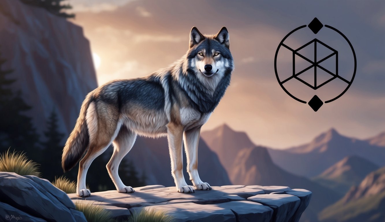 A majestic wolf standing on a rocky cliff, with the earth element symbol in the background