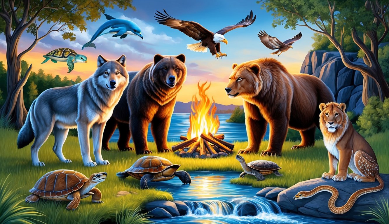 A wolf, bear, eagle, and dolphin surround a glowing fire, while a deer, turtle, snake, and owl stand near a flowing stream.</p><p>The wind rustles through the trees as a hawk soars overhead and a lion rests on a rocky cliff