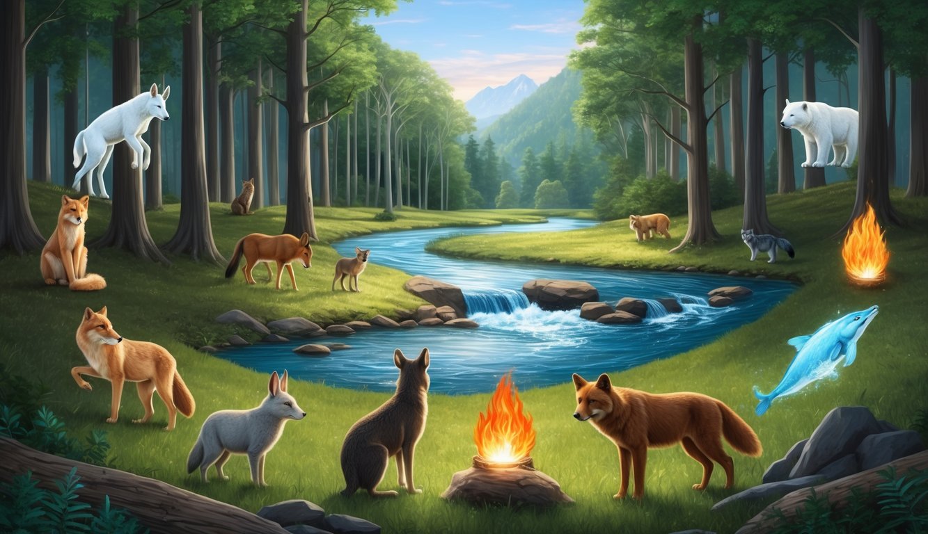 A serene forest clearing with a flowing river, surrounded by a circle of animals representing earth, air, fire, and water