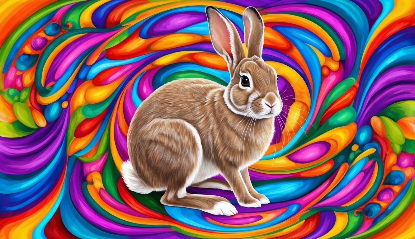 A rabbit surrounded by vibrant colors and swirling patterns, emanating a sense of creativity and intuition