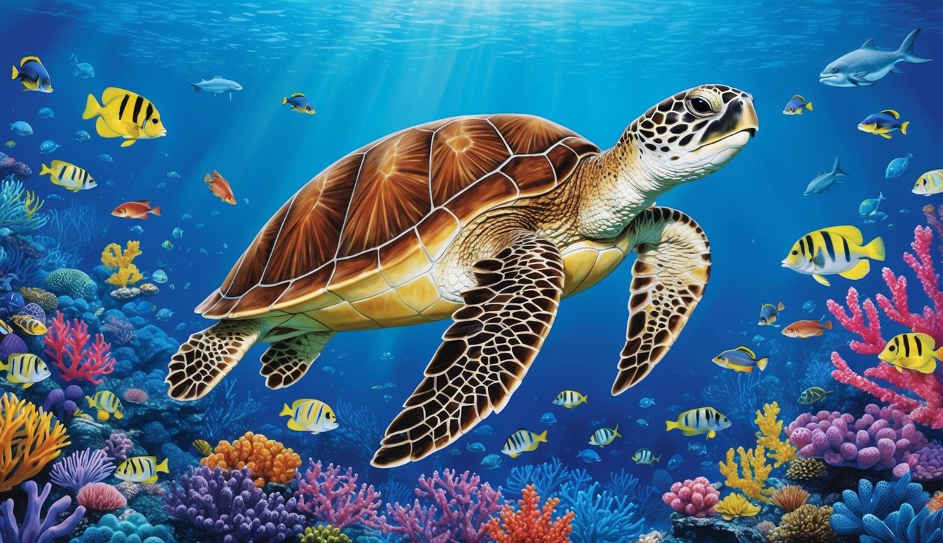 A sea turtle gracefully swimming through a coral reef, surrounded by vibrant marine life, symbolizing adaptability